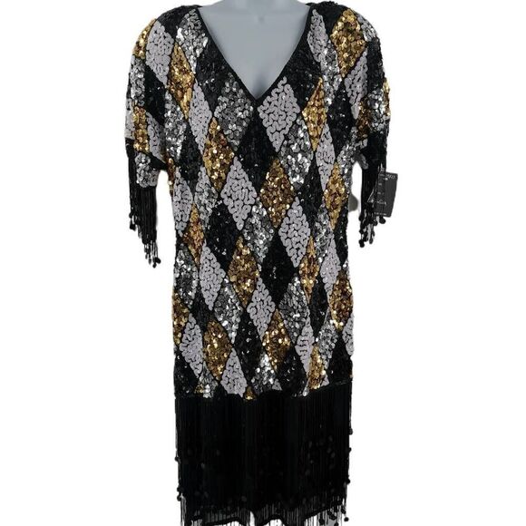 Vintage Black, Gold, and White Sequin Fringe Dress | Tag Size 1X | Erica Lewis | - Picture 1 of 4